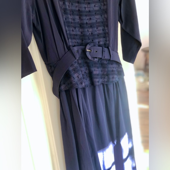 Navy Blue Belted Eyelet Dress with Peplum - Picture 3 of 9